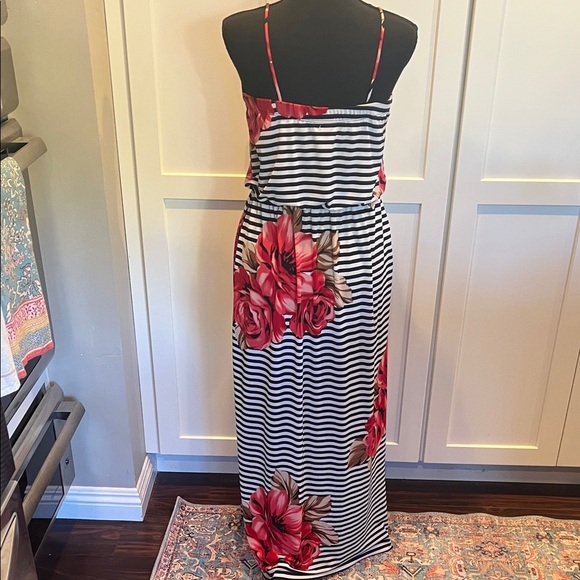 Enfocus Studio Black and White Striped Maxi Dress with Red Floral Accents - Picture 6 of 8